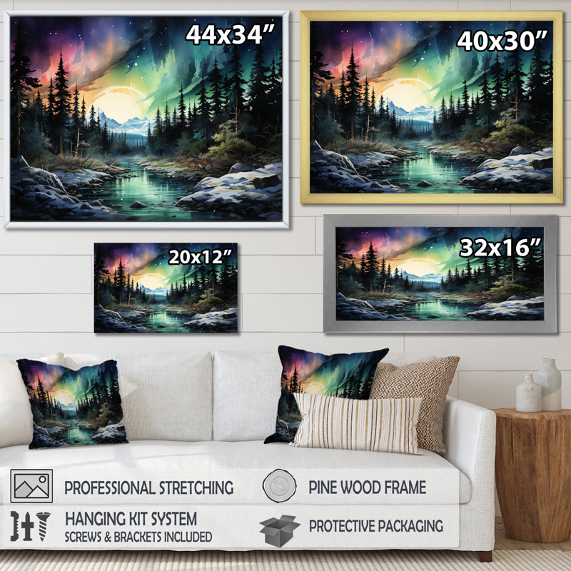 Northern Lights Aurora Mirage - Landscapes Canvas Art Print, H 24 po x l 32 po x P 1 po, Cadre flottant blanc