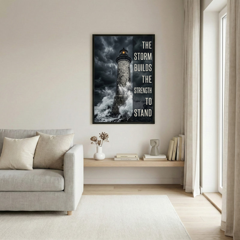 Toile noire encadrée en bois noir pour le salon, la chambre à coucher, le bureau ou le vestibule - décoration murale décorative avec tempête de phare
