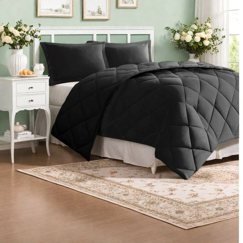 Reversible Down Alternative Bedding Sets, Black Polyester, Cozy Modern Comfort For Any Bedroom