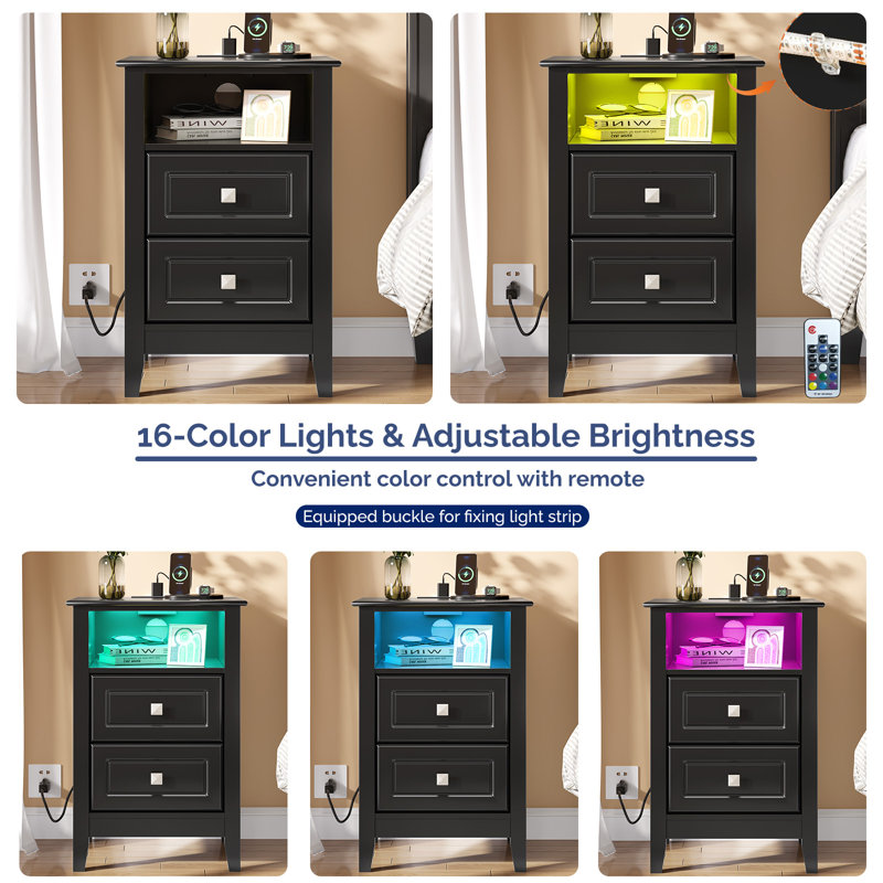 15.75 Inch 2 Drawer Vredenburgh With Shelf Power Outlets And RGB LED Lights, Noir