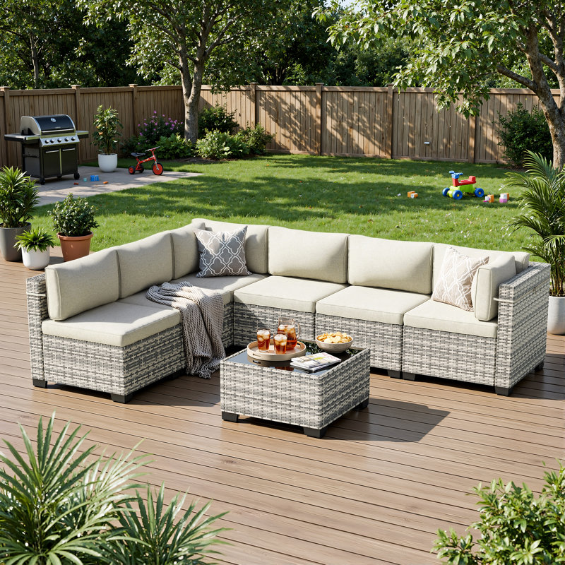 7-Piece Outdoor Sectional Sofa Set With HDPE Wicker, Cushions & Coffee Table, Modular Patio Conversation Set, Beige