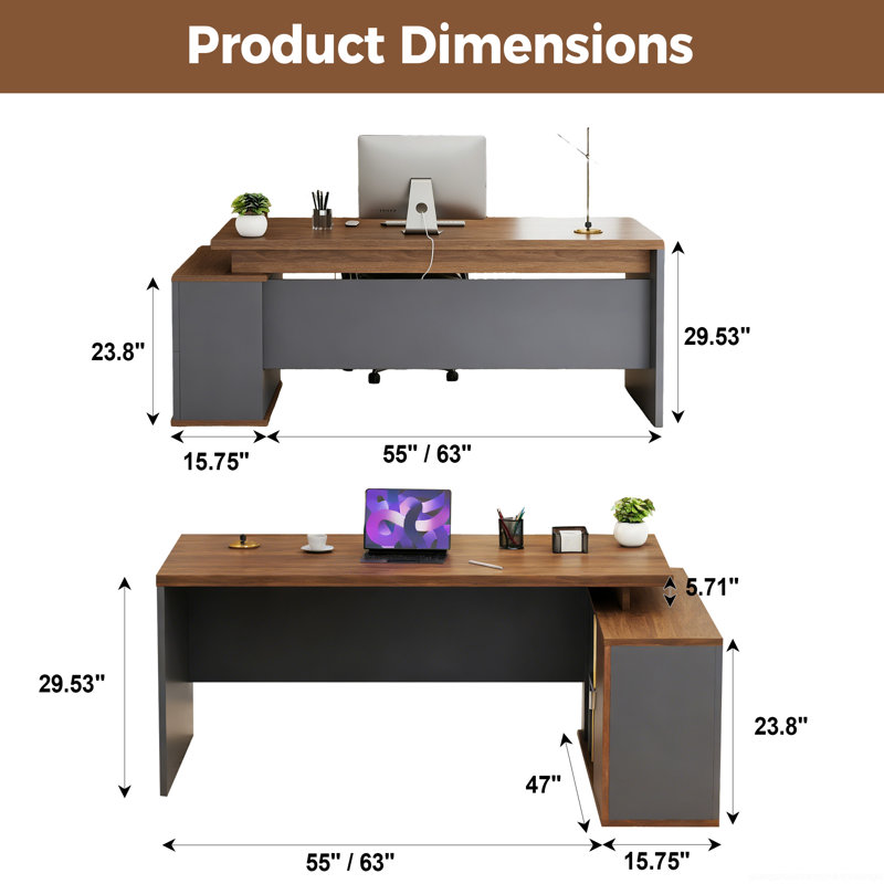 Bureau de direction ergonomique élégant en L avec rangement intelligent, 29.53" H x 78.74" W x 47.24" D, Noyer foncé / gris