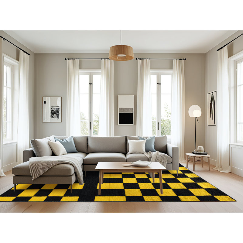 Tapis damier noir lavable à la machine, Rectangle 6 pi x 9 pi