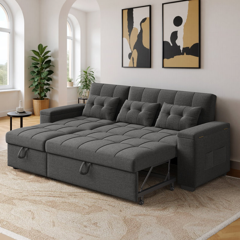 Upholstered Sleeper Sofa with Pull-Out Bed & Chaise Lounge - Wide Storage Arms & Side Pockets for Living Room, Bedroom, or Home Office
