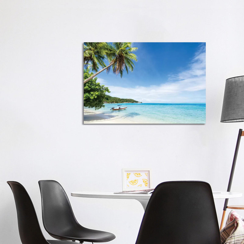 Idyllic Beach With Palm Trees And Boat On Bora Bora by Jan Becke - Wrapped Canvas Print, 66.04cm H x 101.6cm W
