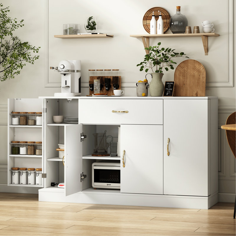 Buffet avec rangement, grande armoire de rangement pour la cuisine avec 1 tiroir et 4 portes, café moderne pour la salle à manger, blanc