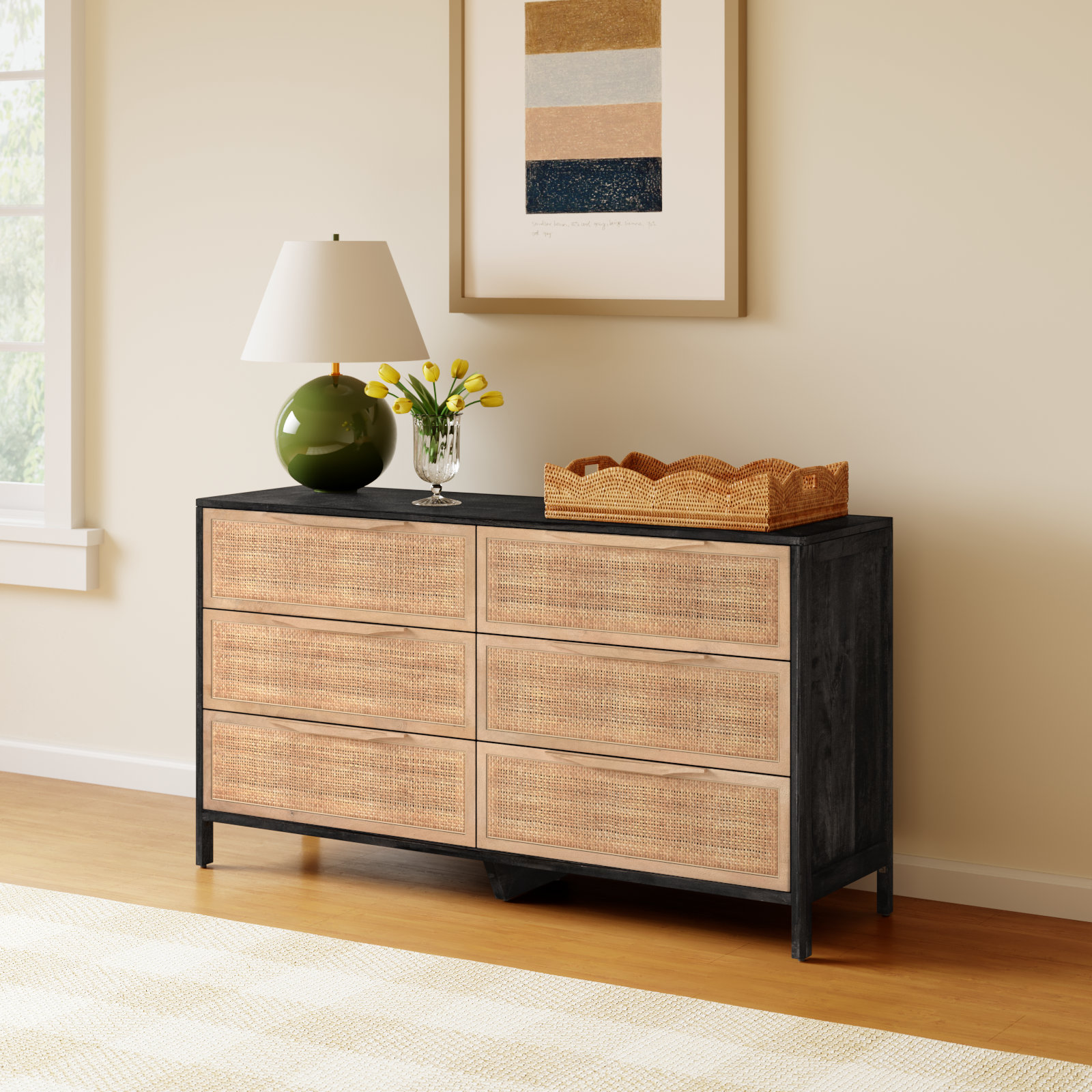 Nellie 6 Drawer Cane Dresser, Beige/Black