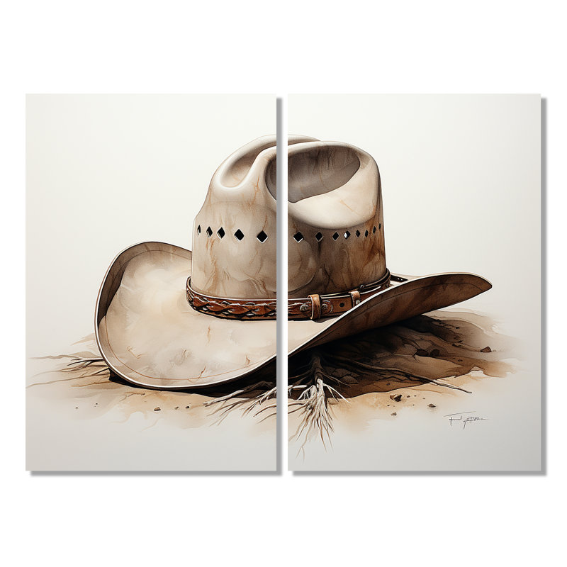 Chapeau de cowboy style minimaliste V - ensemble d'art mural moderne de 2, 36" H x 48" W, Wrapped Canvas, Does Not Apply