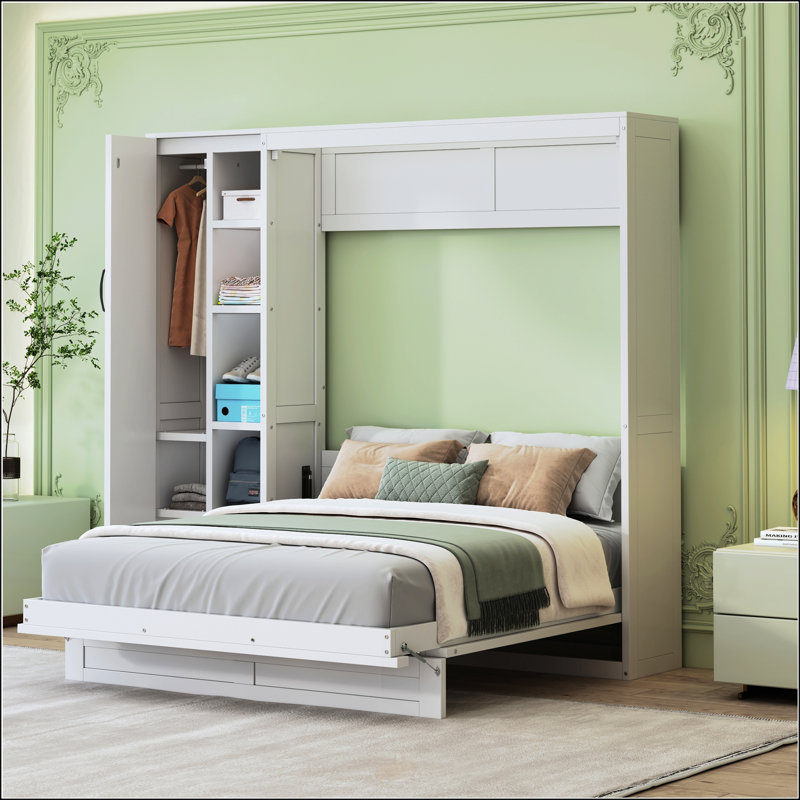 Lit escamotable double avec tablettes, Double, Blanc