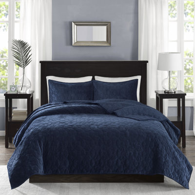 3 courtepointe en velours bleu marine très grand / très doux, rembourrée de coton, 3 pièces, texture douce, matelassage géométrique