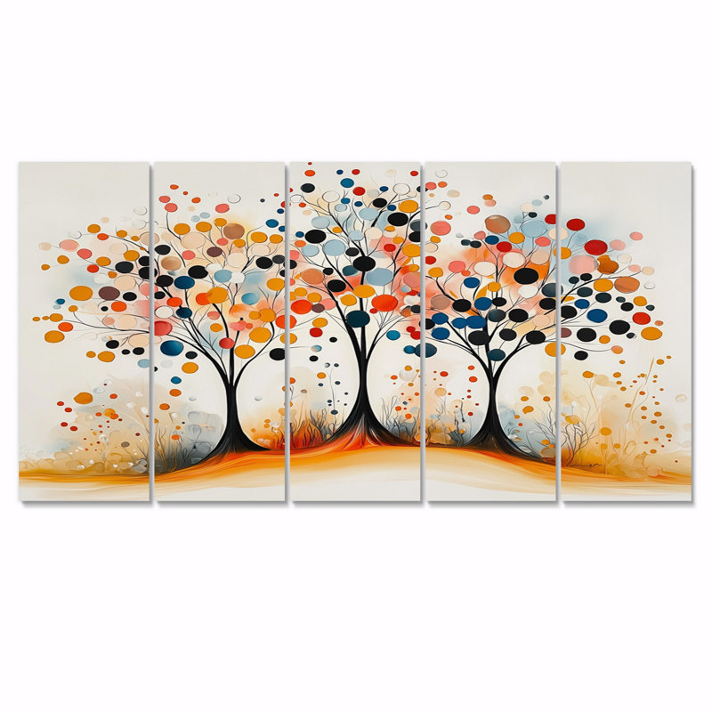 Automne orange et bleu, arbre, saisons, reflets I - ensemble de salon abstrait Mid-Century Wall Art, H 32 po x l 80 po