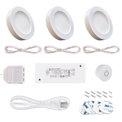  3 Pack 4000K Mini Puck Light with Wireless Dimmer 12V 1.8W/pc for Under Cabinet Lighting