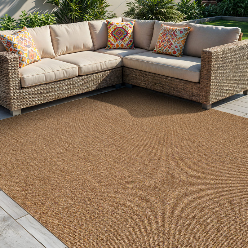 Geometric Border Natural/Jute Easy-Care Indoor/Outdoor Flat Woven Area Rug, Rectangle 5' x 7', Natural