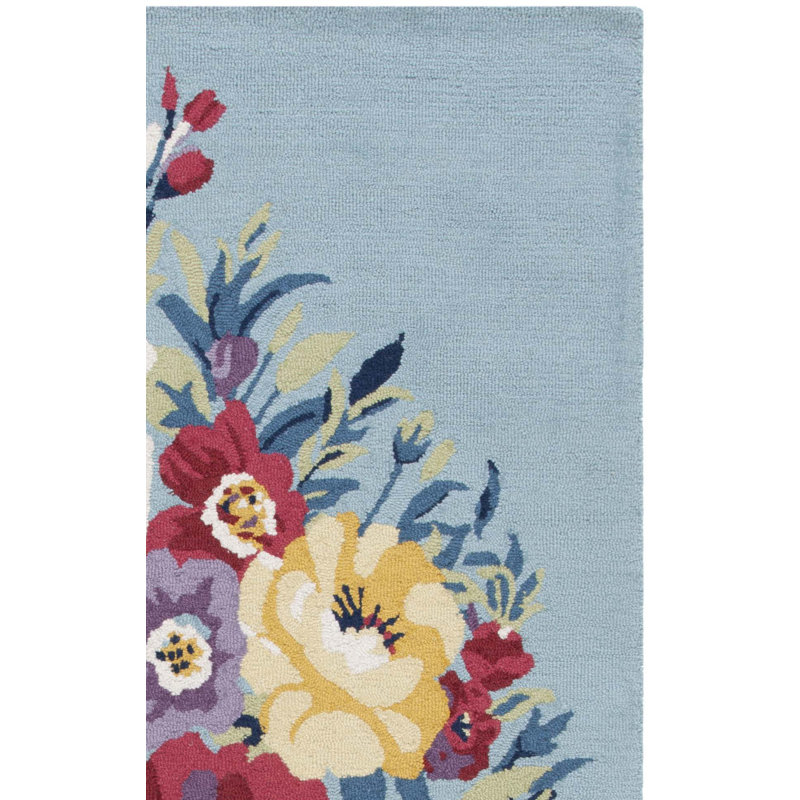 Tapis floral bleu / rose en laine / coton touffeté à la main Chelsea, Tapis de couloir 2 pi 3 po x 8 pi