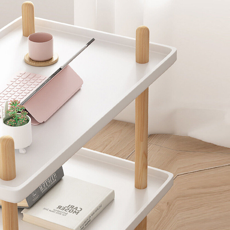 Table de bout à 2 niveaux avec tablette de rangement et table de chevet moderne en bois avec roulettes, Blanc