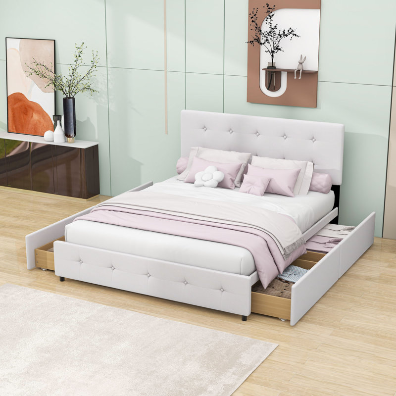 Queen Sized Upholstered Platform Bed with Tufted Headboard and Built-in Storage Drawers, White