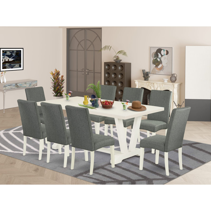 9 Piece Modern Dining Table Set Includes a Rectangle Dining Room Table with V-Legs and 8 Gray Linen Fabric Upholstered Chairs, Wire Brushed Linen White