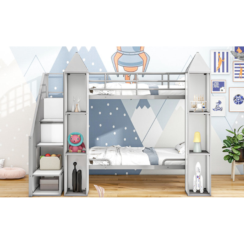 Lit superposé simple gris et blanc en métal avec garde-robe et amplement de rangement gris et blanc pour plus d'élégance dans la chambre à coucher