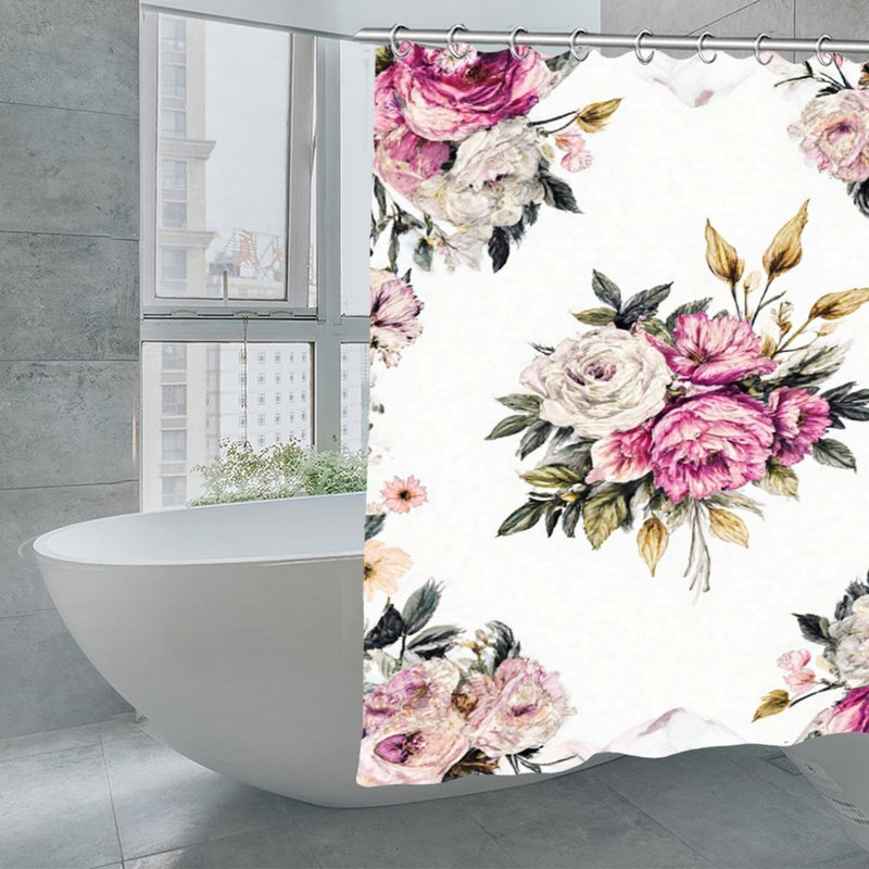 Rideaux de douche à motif floral rose et blanc, 71 x 71