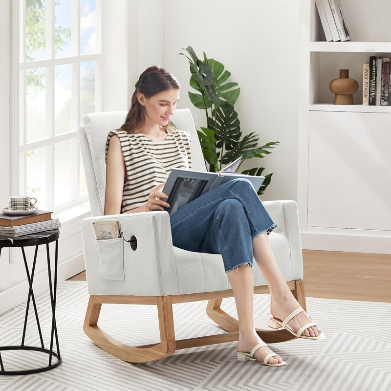 Chaise berçante, fauteuil berçant rembourré avec base en bois massif sécuritaire / port USB / poche latérale