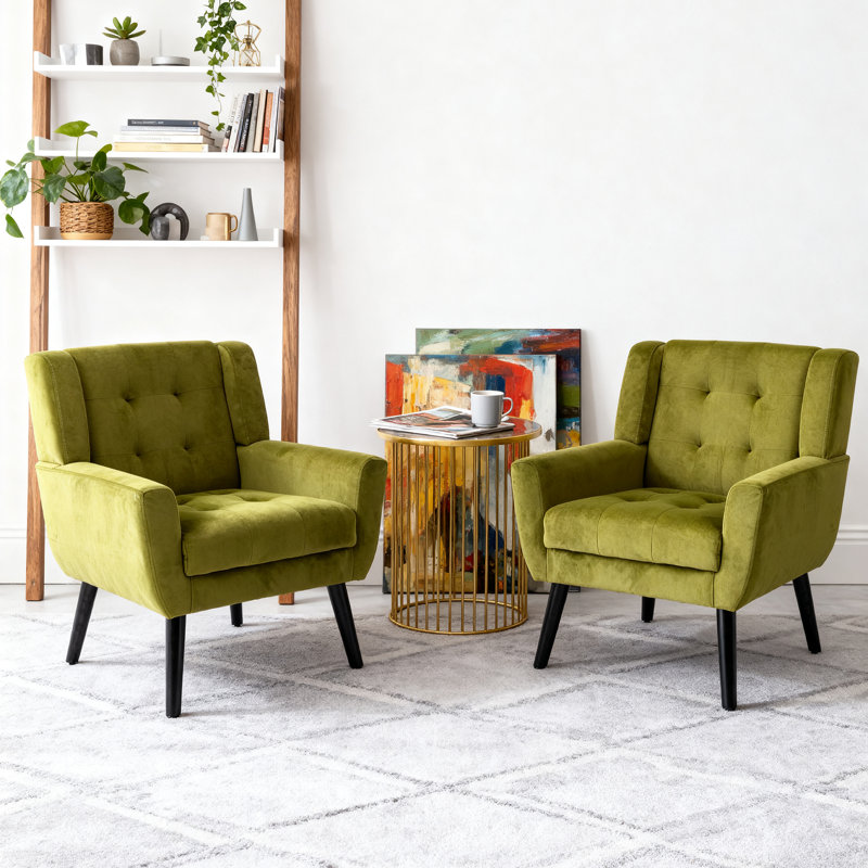 Tufted Upholstered Wide Back Armchair（Set of 2）, Green Velvet
