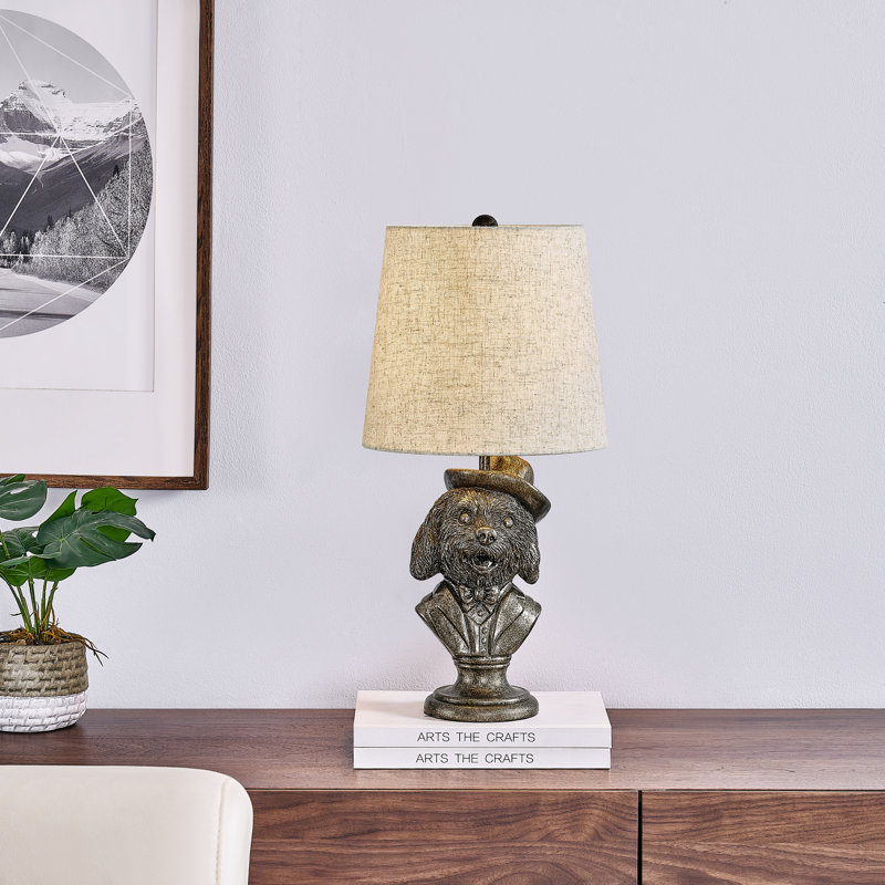 20" Bronze Resin Doodle Table Lamp With Hat And Suit And Linen Shade, Tan, Brown