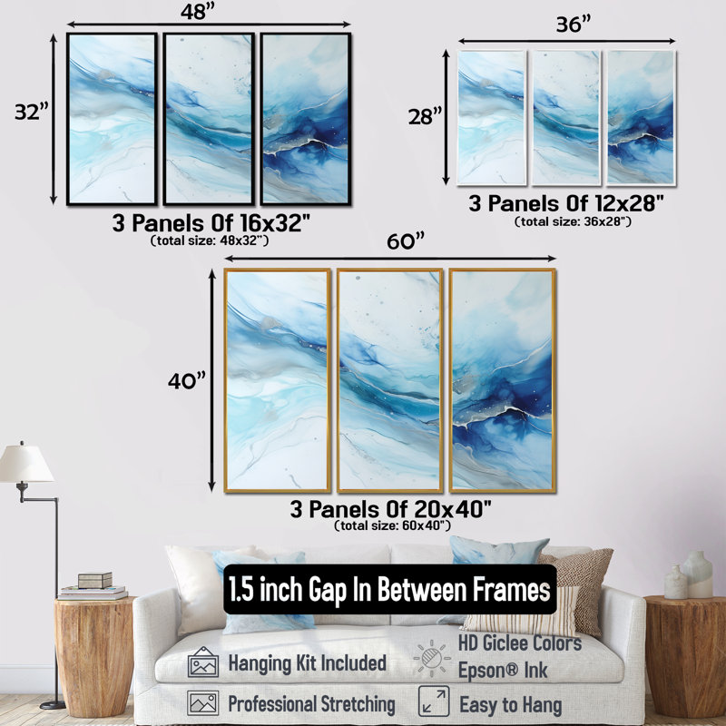 «White and Blue Glacier Charm», ensemble d'art mural formes abstraites, H 40 po x l 60 po x P 1 po, Cadre flottant brun