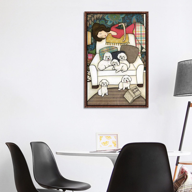 Bichon Bitchin by Jamie Morath - Print on Canvas, 101.6cm H x 66.04cm W x 3.81cm D, Classic Brown Wood Floater Framed