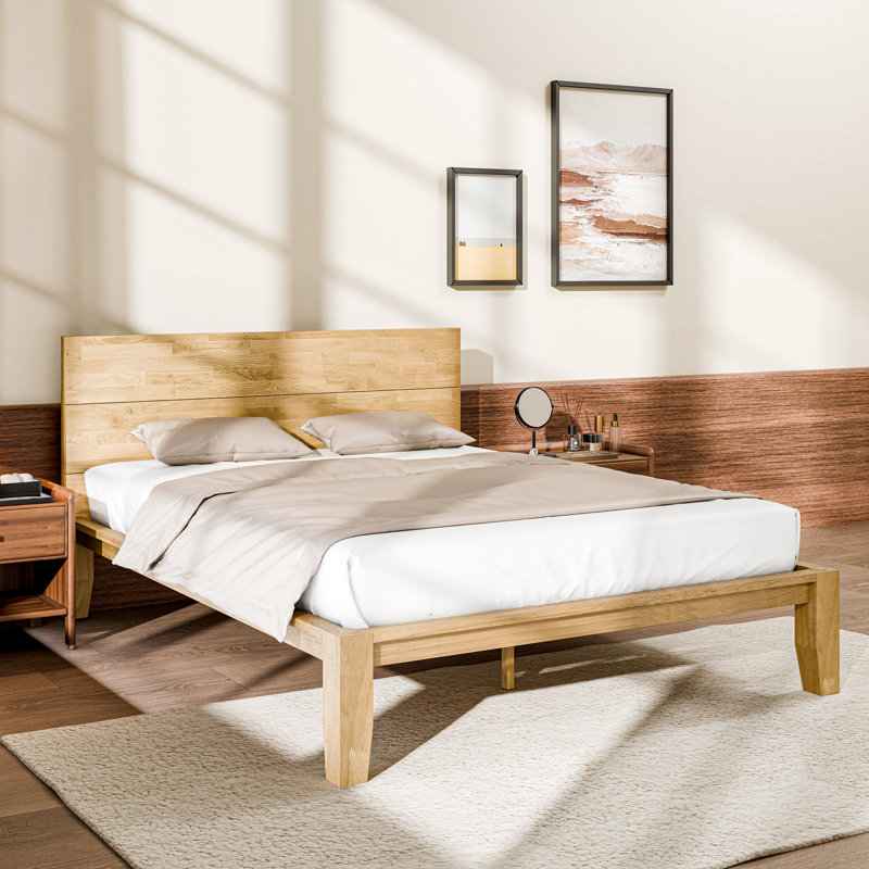 Lit plateforme japonais en bois massif avec charge USB intégrée, Grand lit, Naturel
