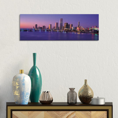 Miami Panoramic Skyline Cityscape (Evening) by Unknown Artist - Wrapped Canvas Panoramic Print