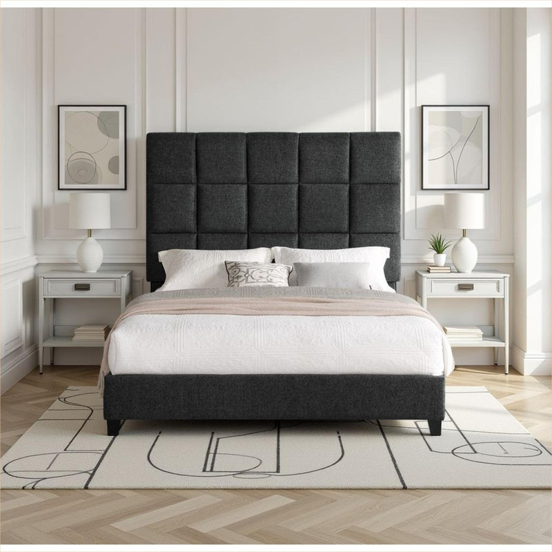 Lit plateforme tapissier à carreaux en polyester gris ardoise avec tête de lit rembourrée