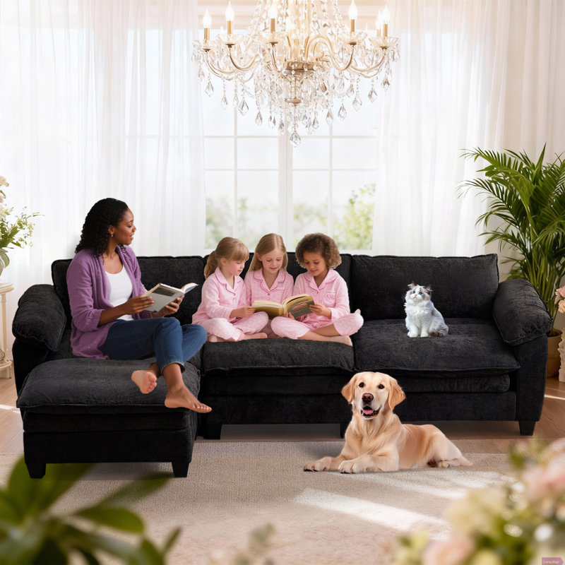 Mavretta 120.1" L Shape Sofa Luxury Couch with Ottoman Soft Chenille Upholstered, Black Chenille