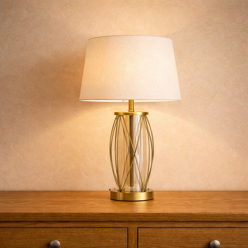 Alexarae 50cm Glass & Metal Table Lamp with linen shade, Natural, Gold