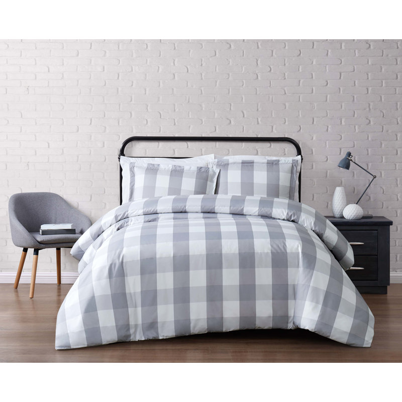 Buffalo Plaid Polyester Plaid Duvet Cover Set, Full/Queen Duvet Cover + 2 Shams, Gray and White