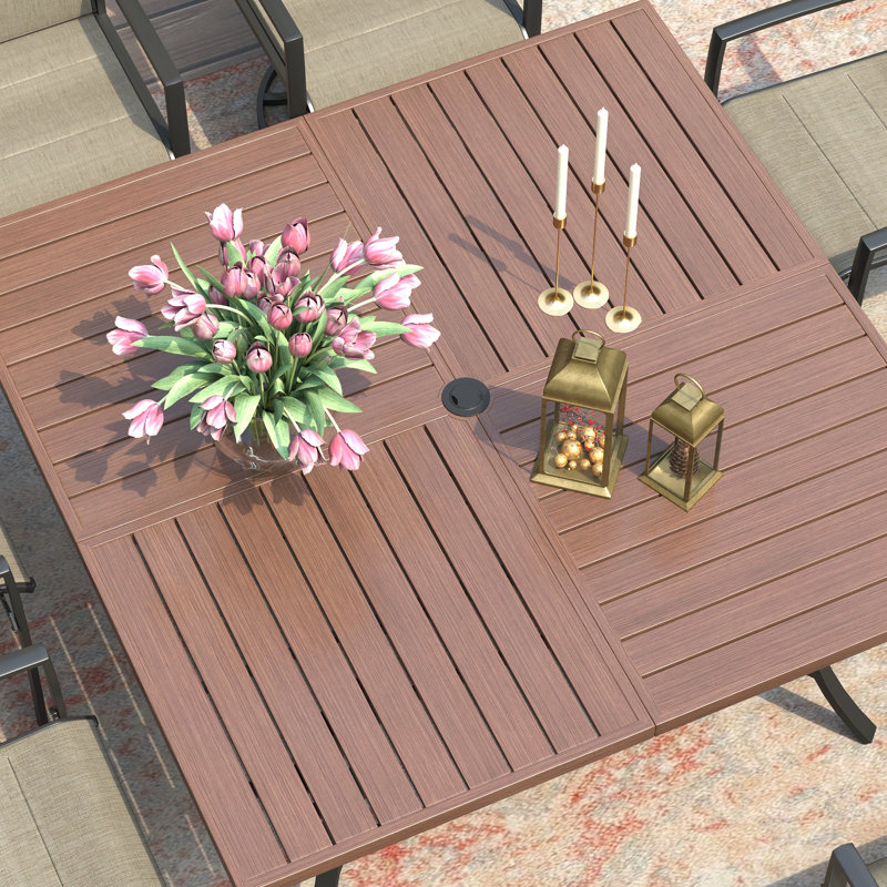 59" Patio Dining Table Set with 4 Padded Swivel PVC-Coated Polyester Chairs & 2 Benches, Brush Wood Brown/Black