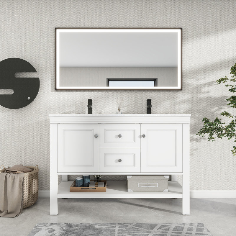 Sharee 48“ Double Sink Bathroom Vanity With Resin Countertop, Zinc Alloy Faucet, 2 Soft-Close Doors 2 Smooth Drawers 1 Open Shelf