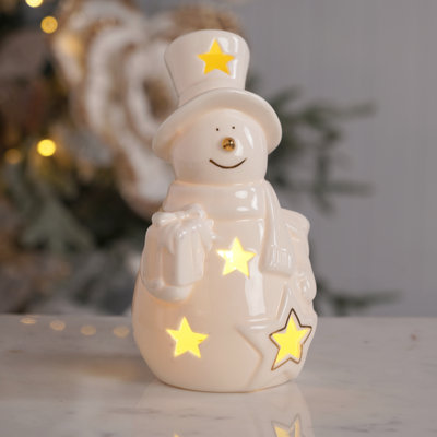LED Ceramic Snowman White & Gold