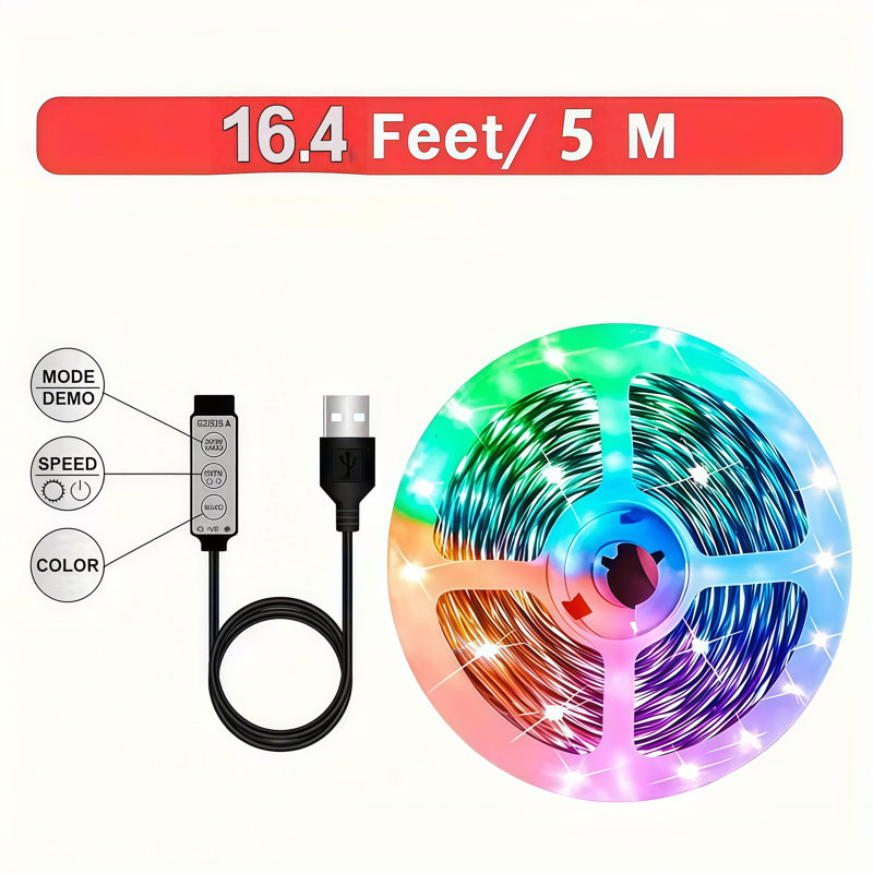 5 m / 16,4 pi de lumières de bande arrière à DEL RVB à changement de couleur, éclairage de fond ambiant flexible en silicone alimenté par USB pour moniteur et télévision, fonctionnement facile à 3 boutons sans application
