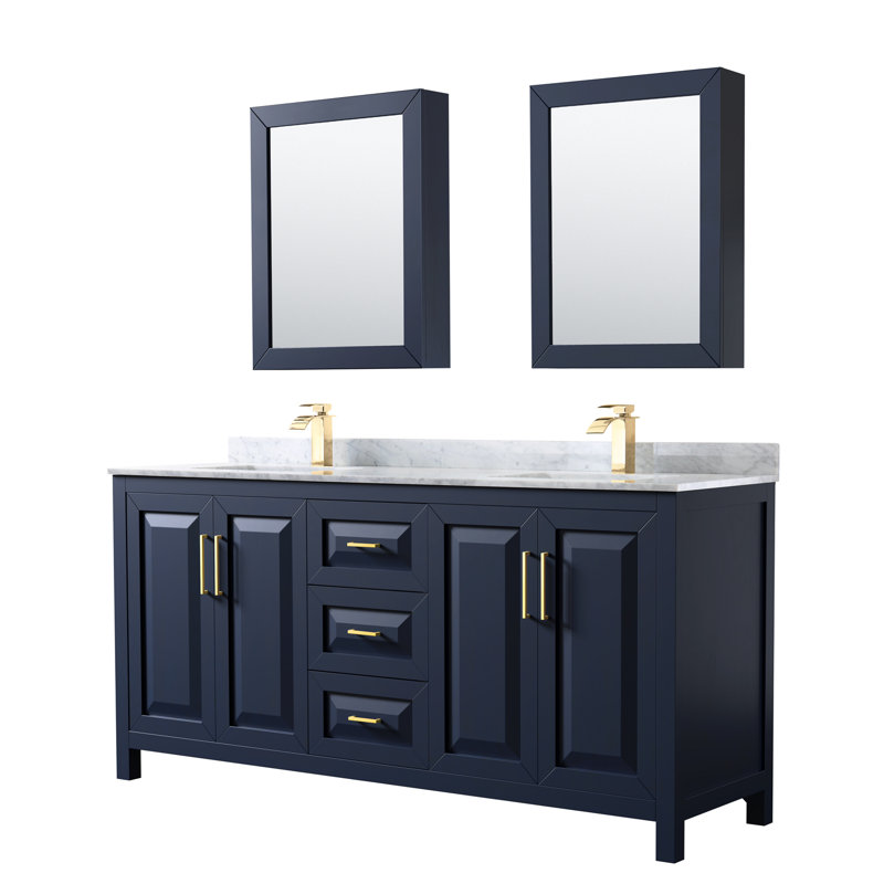 Daria 72'' W Double Vanity, White Cultured Marble, Dark Blue, Brushed Gold