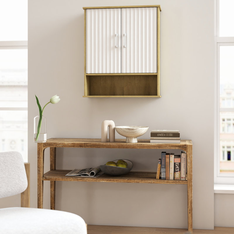 Armoire murale de salle de bain à double porte en bois naturel et blanc Wavy avec tablette intérieure réglable