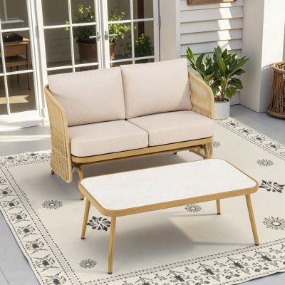 2-Person All-Weather PE Rattan Glider Loveseat With Coffee Table, Outdoor Patio Sofa Set With Beige Cushions