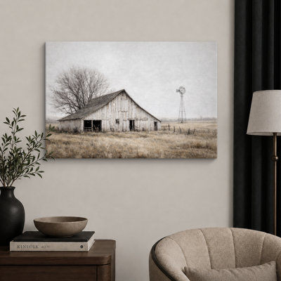 White Farm Barn And Windmill Landscape Artwork, Farmhouse Living Room Pictures, Framed Canvas Giclee Print Wall Art