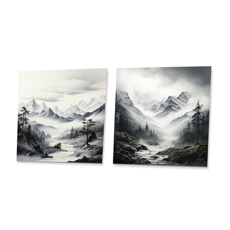 «Black and White Mountains Landscape Fog I», ensemble de 2 impressions murales sur métal, H 29 po x l 58 po