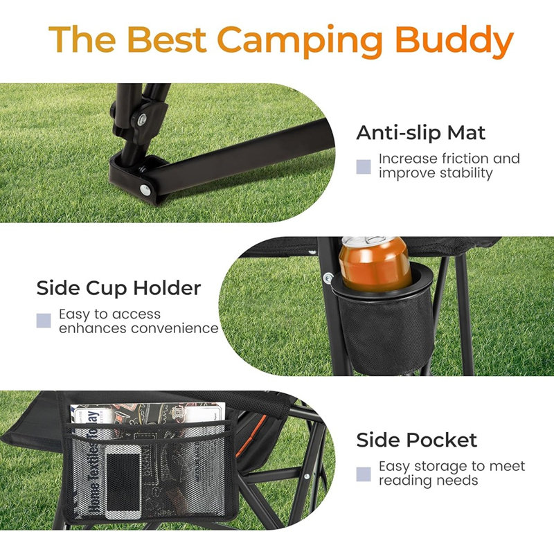 Heavy Duty Oversized High Back Folding Camping Chair – Portable Outdoor Lawn Chair With Headrest, Cup Holder & Side Pocket, 500 Lbs Capacity, Collapsible Chair For Camping, Sports, Fishing & Travel