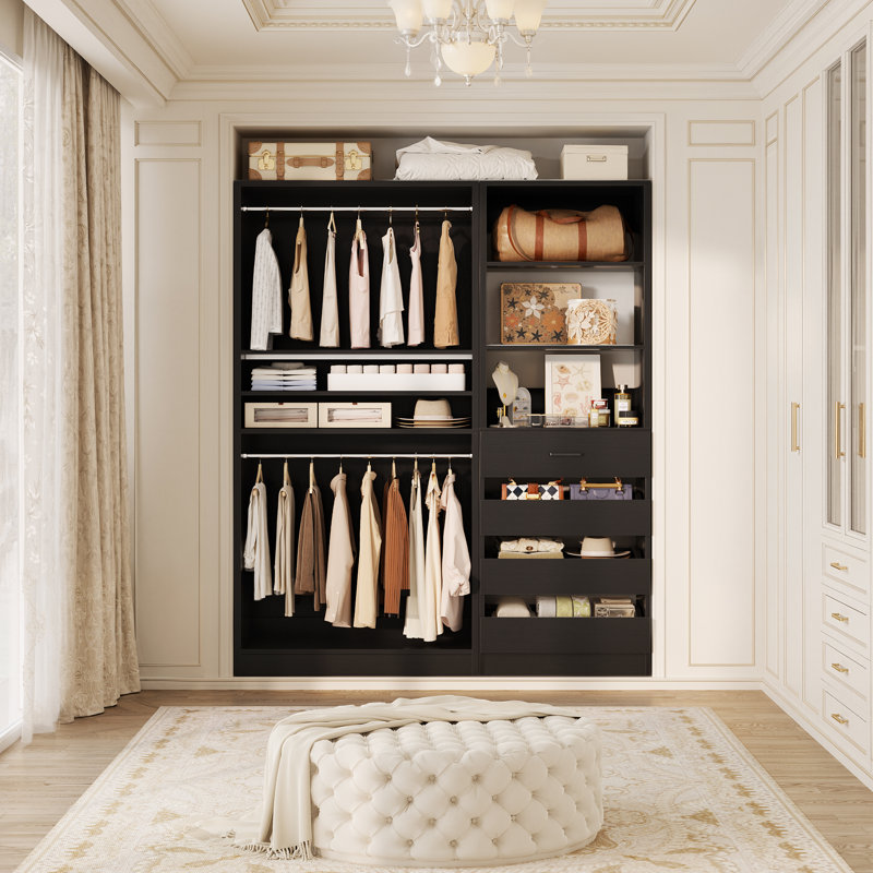 Système d'organisation avec tiroirs et tringles de suspension, organisateur de garde-robe de l 80 po de hauteur, Noir
