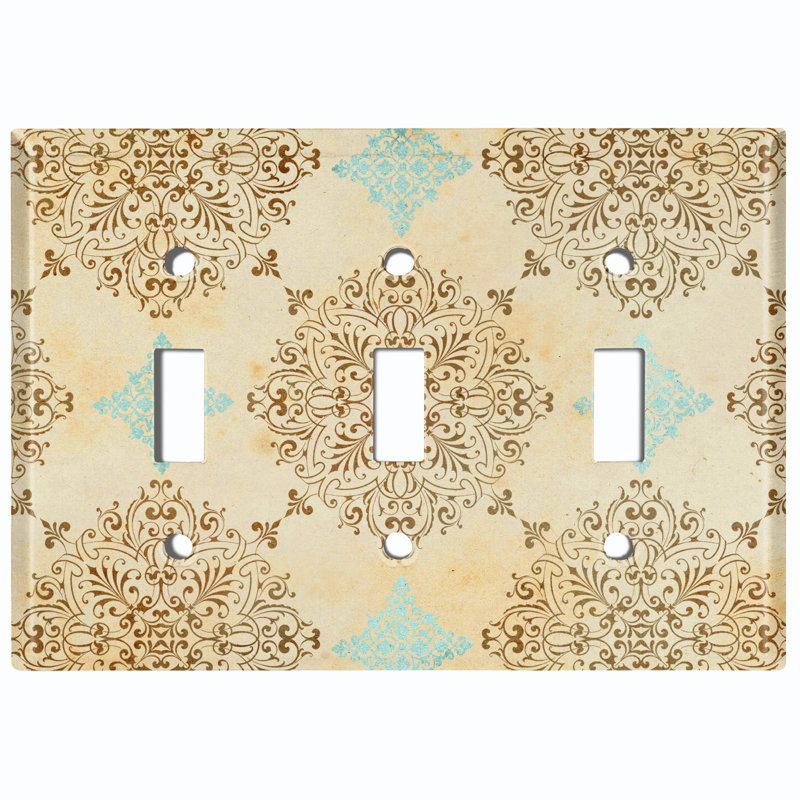 Elegant Damask Beige Crest 3 - Gang Toggle Light Switch Standard Wall Plate