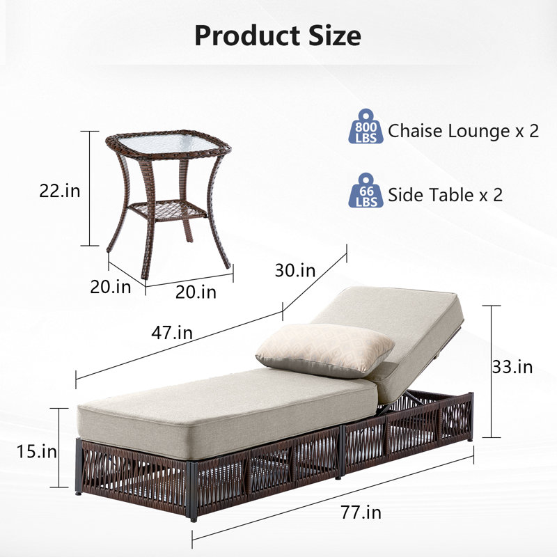 Hayossy 3-Piece Outdoor Chaise Lounge Set With Side Table, All-Weather Wicker Patio Recliners With 5" Thick Cushions, Beige