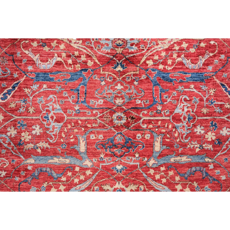 Tapis rouge et bleu noué à la main de haute qualité