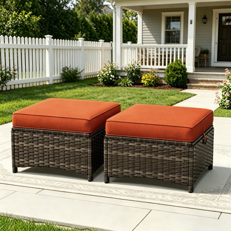 Repose-pieds multi-usage en osier pour l'extérieur avec coussin orange, Orange