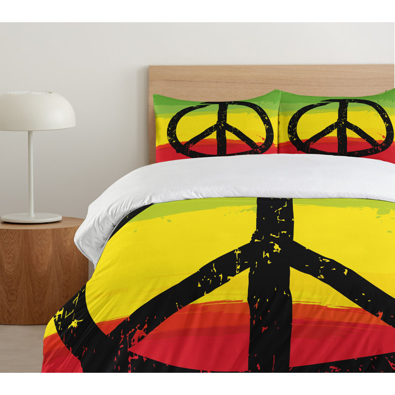 Twin Yellow Black Peace Sign Duvet Cover Set